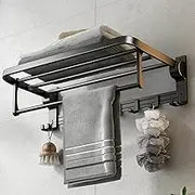 VOLPONE 24 Inch Towel Rack with Towel Bar Holder Foldable Towel Shelf with Movable Hooks Rustproof Towel Storage Wall Mount for Bathroom Lavatory Matte Black