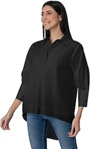 [Moomaya] High-Low Casual Shirt, Classic Collar, Quarter Cuff Sleeves Women Cotton Top