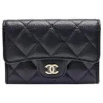 CHANEL 經典金色雙C LOGO菱格粒紋牛皮拉鍊夾層零錢包(黑色)