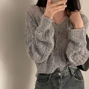 V-Neck Cable-Knit Sheer Knit Top Gray - One SIze