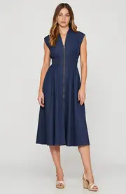 Modenaire Zip Front Sleeveless Denim Midi Dress with Smocked Waist Detail in Navy at Nordstrom, Size Medium