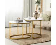 Set of 2 Coffee Table Round Marble Nesting Table Side End Table White and Gold