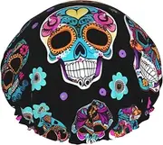 Sugar Skull Print Shower Cap For Women Men Reusable Lightweight Soft Bath Hair Cap With Elastic Band