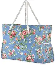 [Yoogain] Pink Red Vintage Floral Sandproof Personal Item Travel Bags with side pocketes Large Beach Bags with cup holders on side, Pink Red Vintage Floral, 1 size