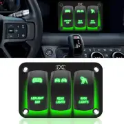 3 Gang Toggle Rocker Switch Panel Green LED Light for Jeep ATV UTV RV Waterproof