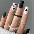 24pcs Glittering Black False Nail Heart Lips Print Medium Square Press On Nail