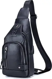 BULLCAPTAIN Leather Sling Bag Mens Chest Bag Casual Shoulder Crossbody Bag Travel Backpacks Daypack with USB Charging Port