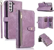 [UEEBAI] Case for Samsung Galaxy S23 5G, 9 Card Slots Retro Leather Wallet Shockproof Flip Cover with Hand Strap Card Slots Zipper Pocket Kickstand Handbag Magnetic Closure - Retro Purple