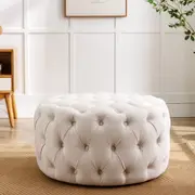 HOMFURN Fabric Upholstered Button-Tufted Round Ottoman, Beige