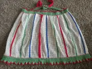 Vintage Crochet Apron Vertical Stripes white, red, green, blue.