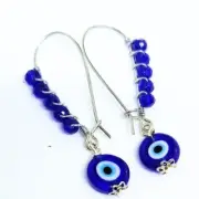 Handmade Evil Eye & Blue Crystal Bead Earrings | Protection Jewelry | Kidney Wir