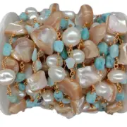 1 meter White Baroque Pearl Blue Larimar Shell Rosary link Chain Jewelrymaking