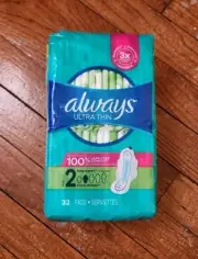 Always Size 2 Super Absorbent Ultra Thin Pads with Wings (32/Pack) New