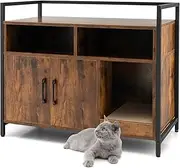 Cat Litter Box Enclosure, Hidden Cat Washroom w/Double Doors & Scratch Cardboard, Large Pet Crate w/Open Shelf & 2 Compartments, Industrial Cat Furniture for Entryway, Bedroom, Living Room