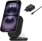 Belkin BoostCharge Magnetic Foldable Qi2 Charger 2 in 1 Power 15W MagSafe Compatible Wireless Charger for Apple iPhone 16/15/14/13 with Non-Slip Base, Power Supply Included - Black