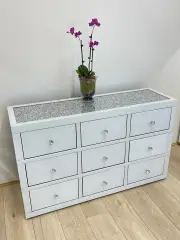 9 Drawers Mirrored Chest with Crystal Top in White