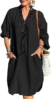 [HongYunoH] Women's Linen Dress Casual Solid Color Vneck Long Sleeve Cotton Linen Dress