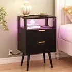 Nightstand with Charging Station and LED Lights,Modern Bedside Table with Black