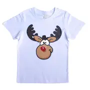 New Kids Christmas Xmas T Shirt Tee Tops 100% Cotton Boys Girls Gift Red White - Reindeer (White)