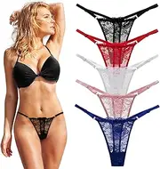 [FUIPVGI] 5 Pieces Women Thong, Low Waist G-String Lingerie Women, Lace Thong, T Back Thong Briefs, Seamless Panties Pack Set, Women's Sexy Lingerie (5 Colors, One Size)
