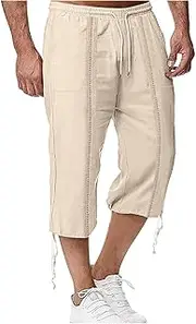 [Generic] Cotton Linen Capri Pants for Men Summer Elastic Waist Yoga Shorts Casual Lightweight Baggy Beach Pants with Pockets