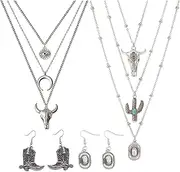 [Haceolhada] 4Pcs Turquoise Western Jewelry Set for Women Boho Layered Necklaces Bull Head Cowboy Hat Western Necklaces Cowgirl Boot Earrings Cowgirl Earrings Cowboy Jewelry for Women, Medium, Metal, No