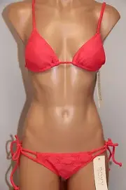 NWT Roxy Swimsuit 2pc Bikini Set Sz XS Pink Crochet Tie Side Slide Bra