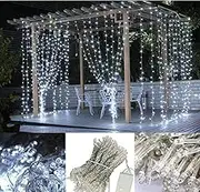 LED Curtain Lights, USB & Battery Powered LED Icicle Lights, 300 LEDs, 9.8ft x 9.8ft with 8 Modes Remote Controller for Holiday, Party, Outdoor Wall, Wedding Decorations (White)