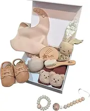 Bebe Blessings Small Baby Gift Box, Including A Bebe Blessings Hairbrush, (Catch All) Bib, Rabbit Teddy, Soother, Pacifier Clip and A Welcome to The World Wooden Plarque-Brown.