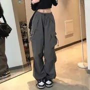 Mid Rise Plain Harem Cargo Pants Dark Gray - L
