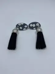 Handmade Polymer Clay Dangle Earrings - Dark grey & white polka/black tassels