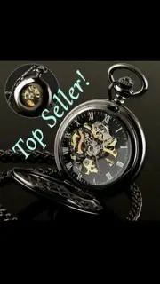 NEW! Automatic Mechanical Self-Winding Pocket Watch - Black - Great Gift for Dad