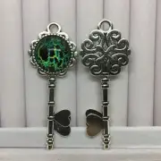 Antique Silver-Tone Skeleton Key Hand Painted Glass Pendant 2.5" New 1560