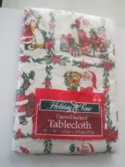 Walmart Holiday Time Flannel Vinyl Backed Table Cloth Oval Retro Santa