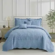 DaisyHuang Botanical Bedspread Full Size - Leaves Pattern Stitching Quilt Set - Elegant & Fresh Style Bedding Coverlets, Reversible, Lightweight, 4 Piece, Ashley Blue