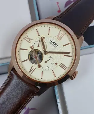 FOSSIL Townsman Automatic 小鏤空錶盤 深棕色皮革錶帶 男士 自動機械錶 ME3105