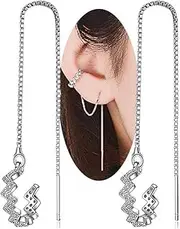 [Vitaltyextracts] 925 Sterling Silver Wave Cuff Earrings with Sparkly Cubic Zirconia Wrap Tassel Earrings for Women Dangle Earrings Threader Chain, Medium, Sterling Silver, Cubic Zirconia