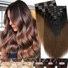 Double Wefted Clip In Human Remy Hair Extensions Thick Full Head Balayage Ombre