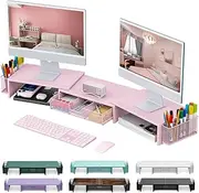 Gianotter Dual Monitor Stand Riser, Desk Organizer With Drawer, 2 Pen Holders, Modern Minimalist, Pink