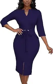 [BOGURST] Dresses for Women 2024 V-Neck 3/4 Sleeve Bodycon Work Midi Dress Church Dress with Belt