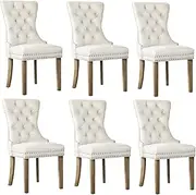 [OIKITURE] Velvet Dining Chairs Set of 6 Wooden Frame Kitchen Chairs Set French Tufted Reading Seating for Home and Cafe Beige