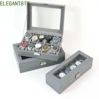 在飛比找蝦皮購物優惠-ELEGANT8TW手錶盒,灰色帶玻璃蓋手錶存儲整理器,植絨