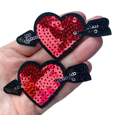 2pcs Red Heart with Arrow Patch Iron on, Sequin Love Heart Badge for Clothes