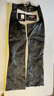 NEW Power-Trip Ladies Extra Small Black Leather Chaps With Flames