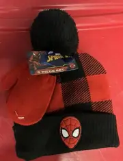 Marvel Spider-Man Boy's Red/BlackBeanie Cap Hat Gloves 2 Piece Set, New With Tag