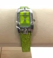 Strada Quartz Lades Watch w/Rhinestones Japan Movement Green Face/Band NIB