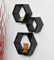 Hexagon Wall Shelf, Set Of 3 Floating Hexagon Wall Shelf Black Home/Office Decor