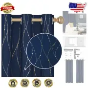 Elegant Noise-Reducing Window Drapes in Navy Blue with Gold Accents - 42W x 72L