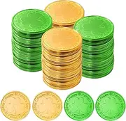 Yymobt 200 Pcs St. Patrick's Day Coins Gold Green Shamrock Lucky Coins Plastic 3-Leaf Clover Coins for St. Patrick's Party Decor