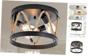 Industrial 3-Light Farmhouse Ceiling Light Fixture with Rope Shade, Rustic